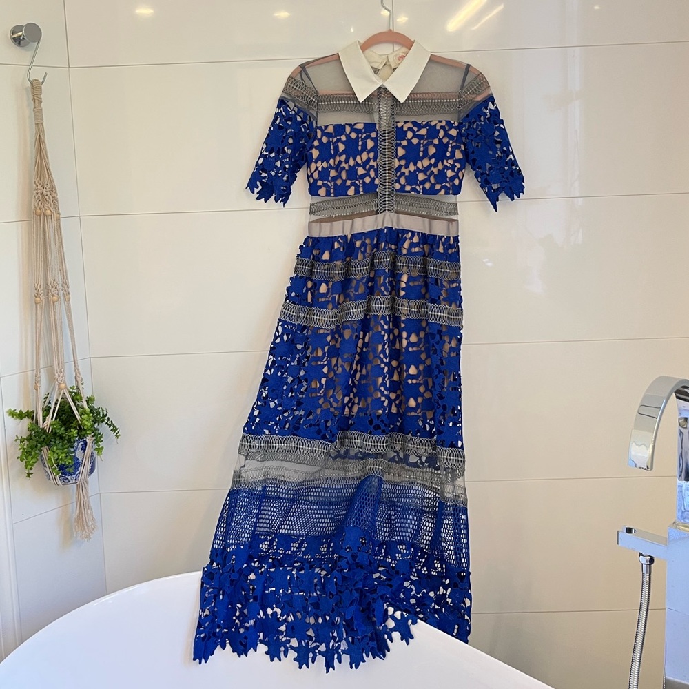 Blue Lace Collar Maxi Formal Prom Dress